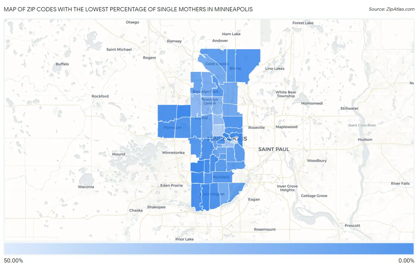 Zip Codes with the Lowest Percentage of Single Mothers in Minneapolis Map
