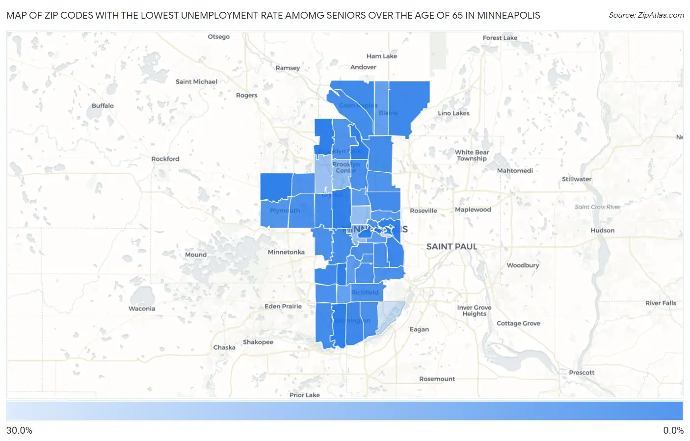 Zip Codes with the Lowest Unemployment Rate Amomg Seniors Over the Age of 65 in Minneapolis Map