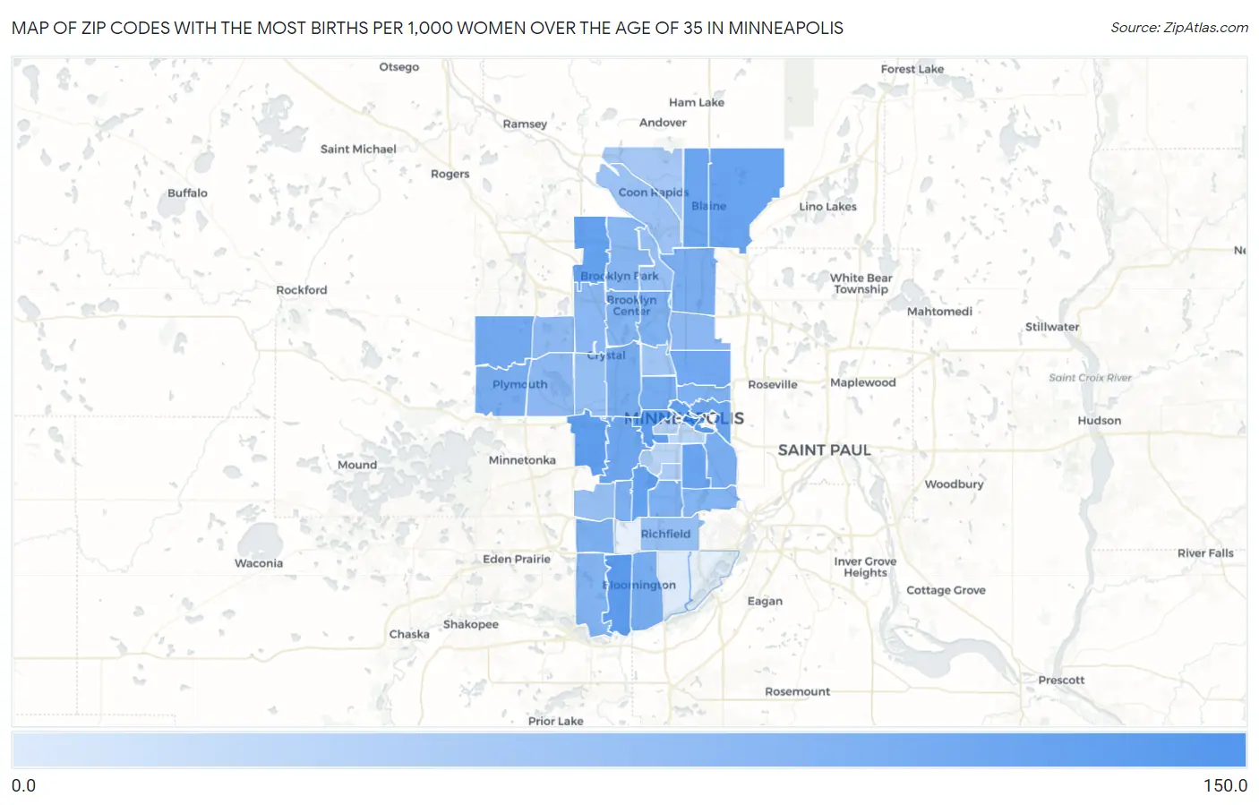 Zip Codes with the Most Births per 1,000 Women Over the Age of 35 in Minneapolis Map