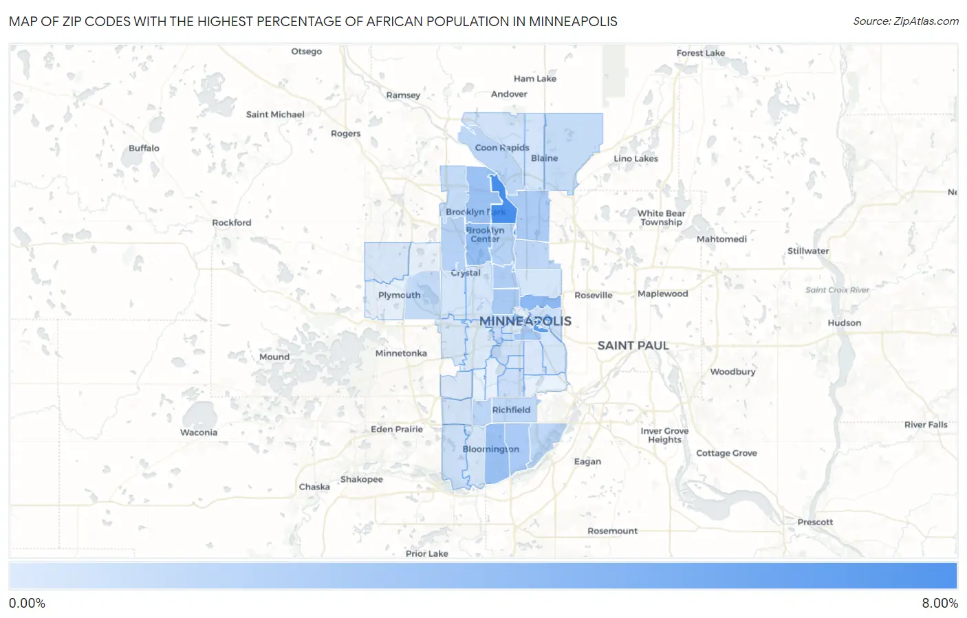 Zip Codes with the Highest Percentage of African Population in Minneapolis Map