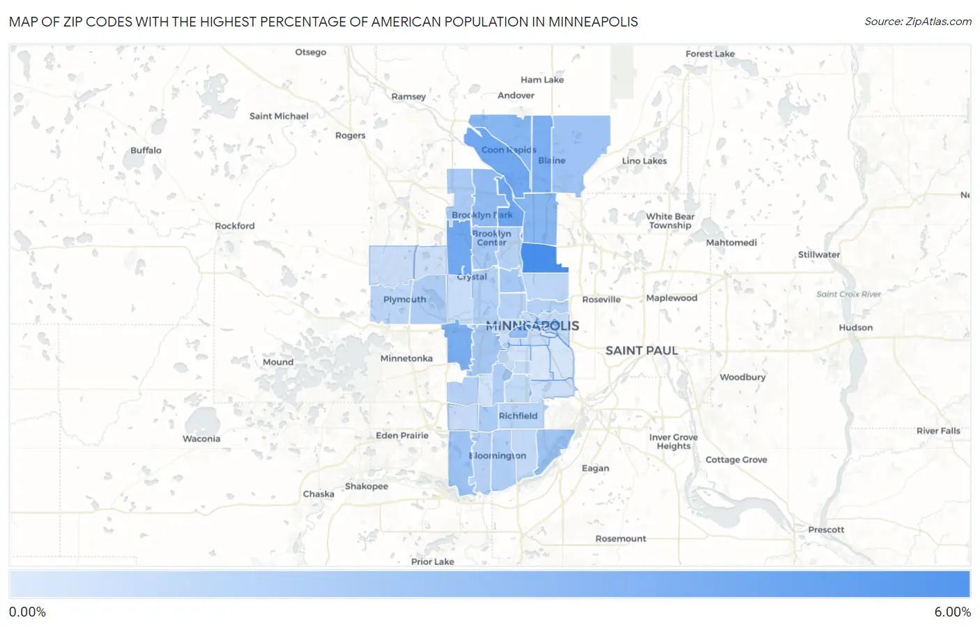 Zip Codes with the Highest Percentage of American Population in Minneapolis Map