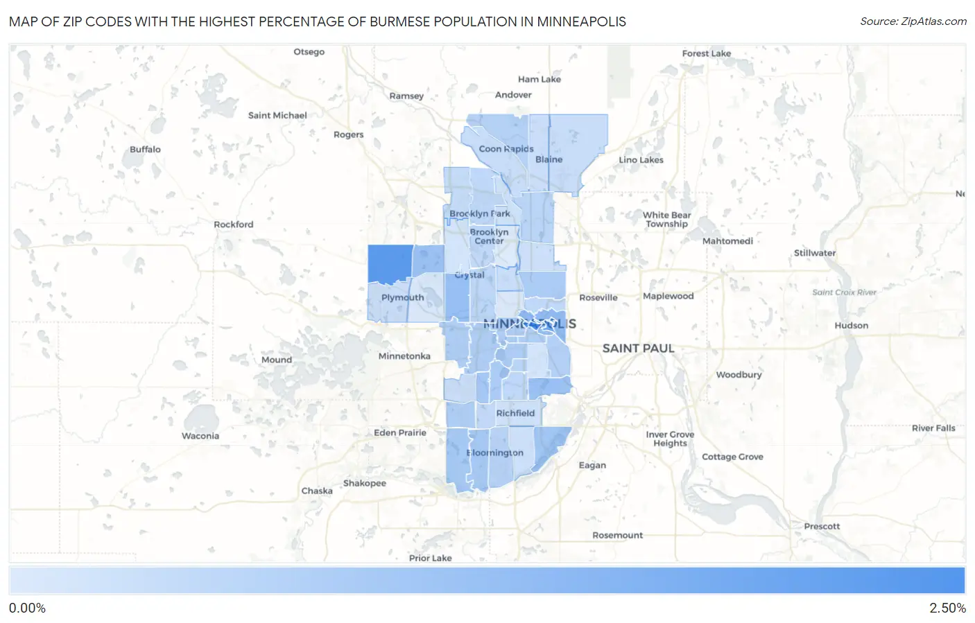Zip Codes with the Highest Percentage of Burmese Population in Minneapolis Map