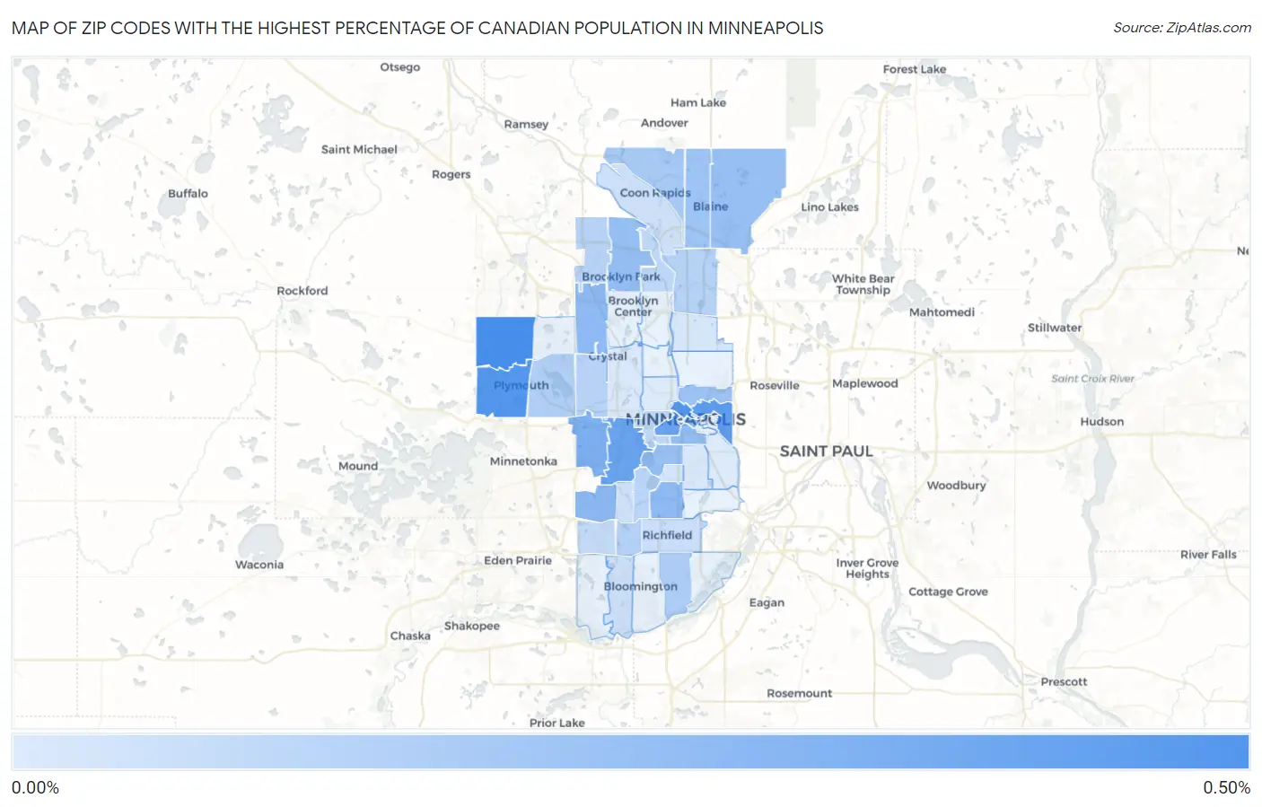 Zip Codes with the Highest Percentage of Canadian Population in Minneapolis Map