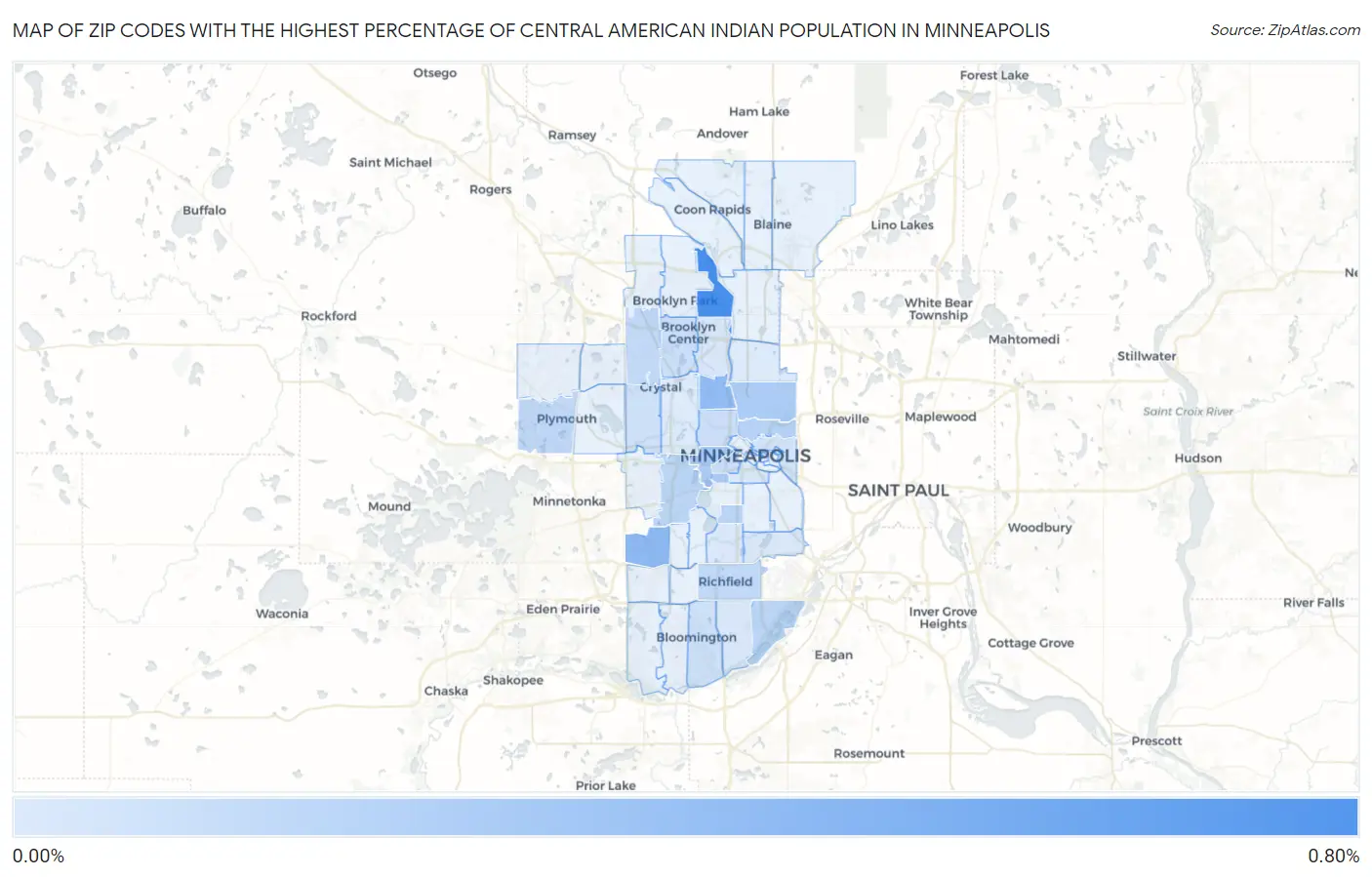 Zip Codes with the Highest Percentage of Central American Indian Population in Minneapolis Map