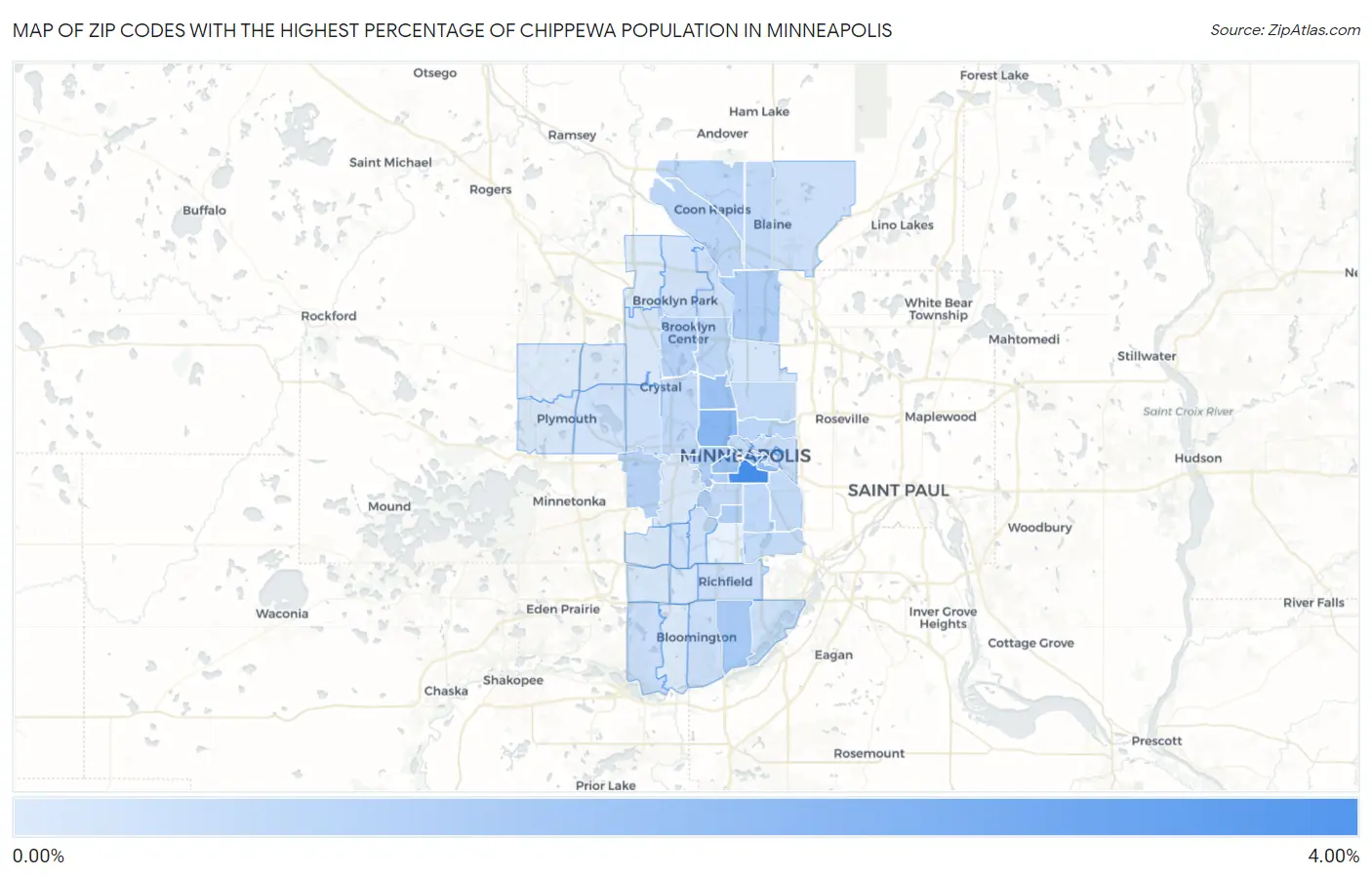 Zip Codes with the Highest Percentage of Chippewa Population in Minneapolis Map