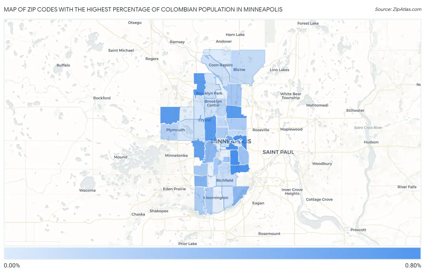 Zip Codes with the Highest Percentage of Colombian Population in Minneapolis Map