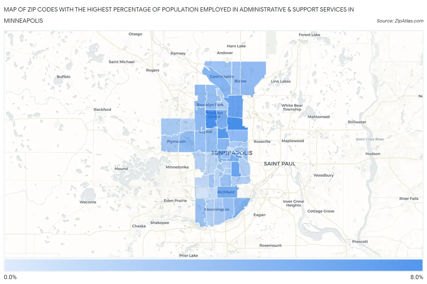 Zip Codes with the Highest Percentage of Population Employed in Administrative & Support Services in Minneapolis Map