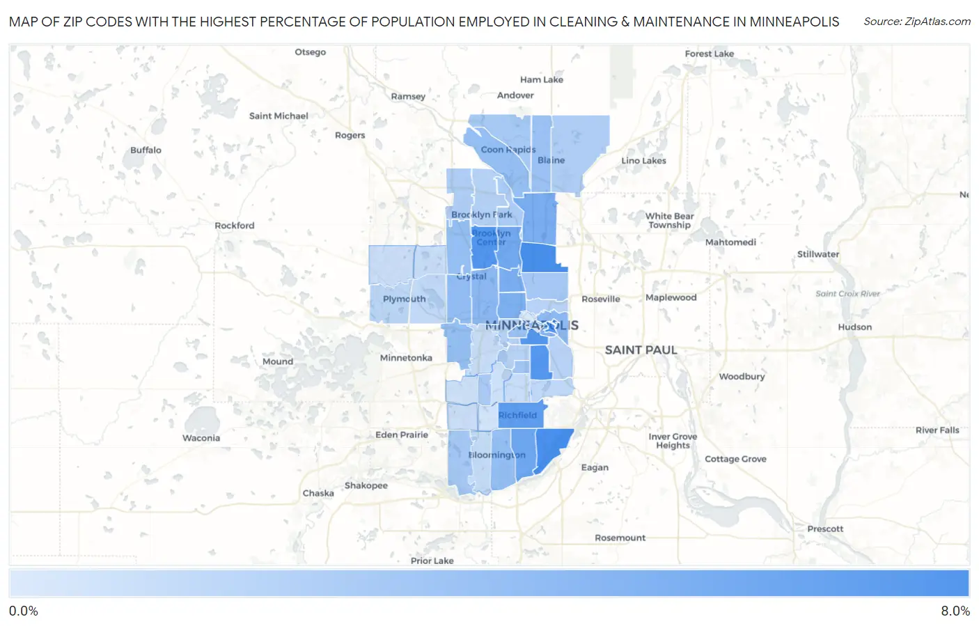 Zip Codes with the Highest Percentage of Population Employed in Cleaning & Maintenance in Minneapolis Map