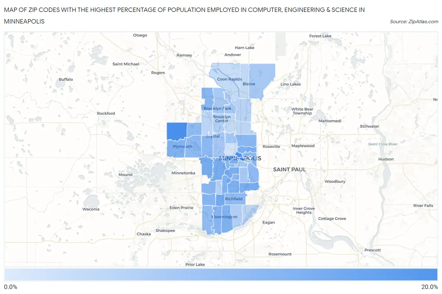 Zip Codes with the Highest Percentage of Population Employed in Computer, Engineering & Science in Minneapolis Map