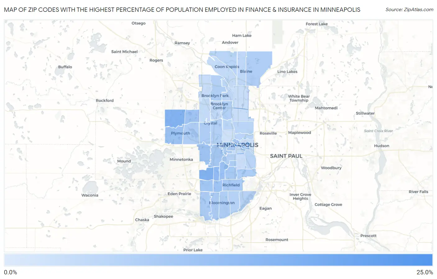 Zip Codes with the Highest Percentage of Population Employed in Finance & Insurance in Minneapolis Map