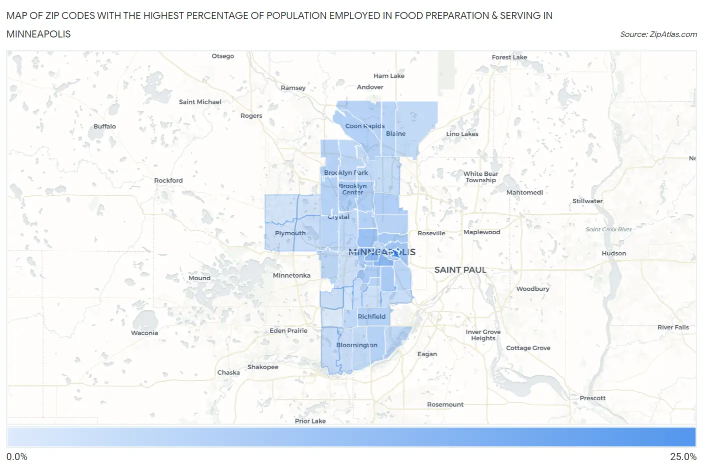 Zip Codes with the Highest Percentage of Population Employed in Food Preparation & Serving in Minneapolis Map