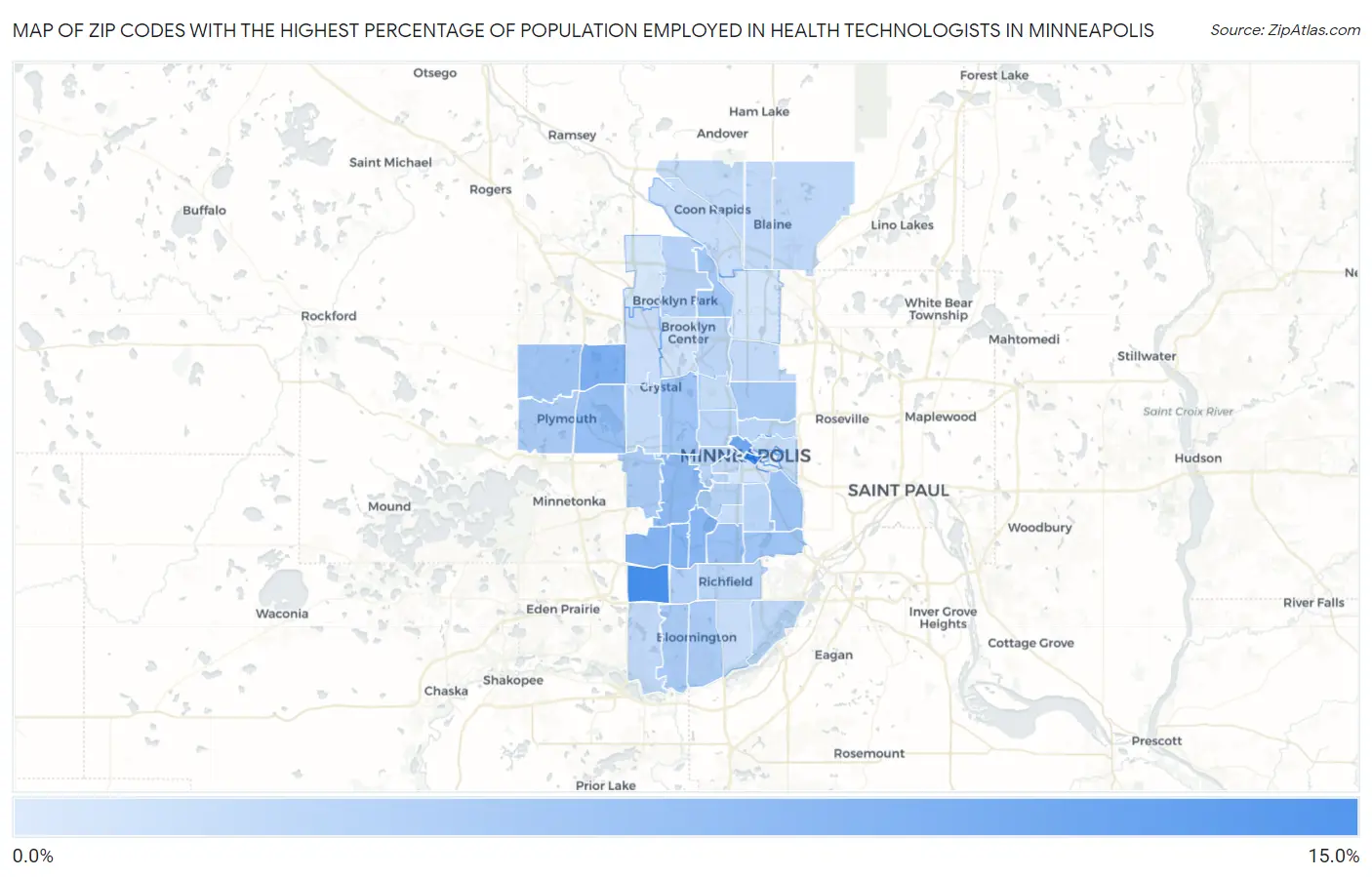 Zip Codes with the Highest Percentage of Population Employed in Health Technologists in Minneapolis Map