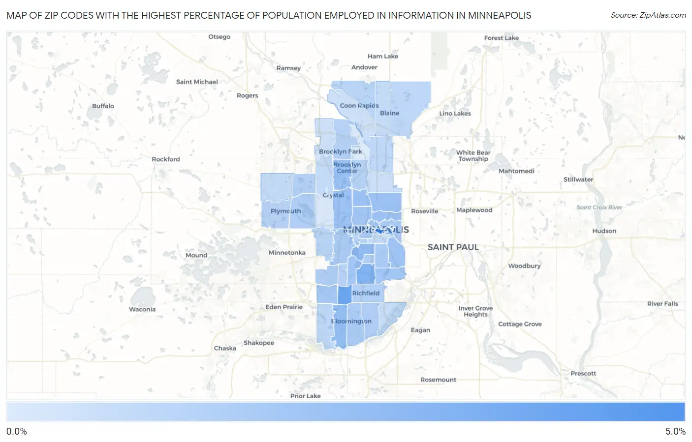 Zip Codes with the Highest Percentage of Population Employed in Information in Minneapolis Map