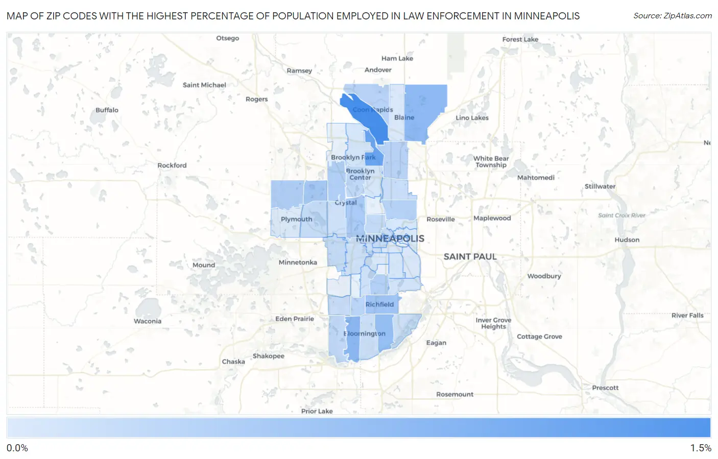 Zip Codes with the Highest Percentage of Population Employed in Law Enforcement in Minneapolis Map