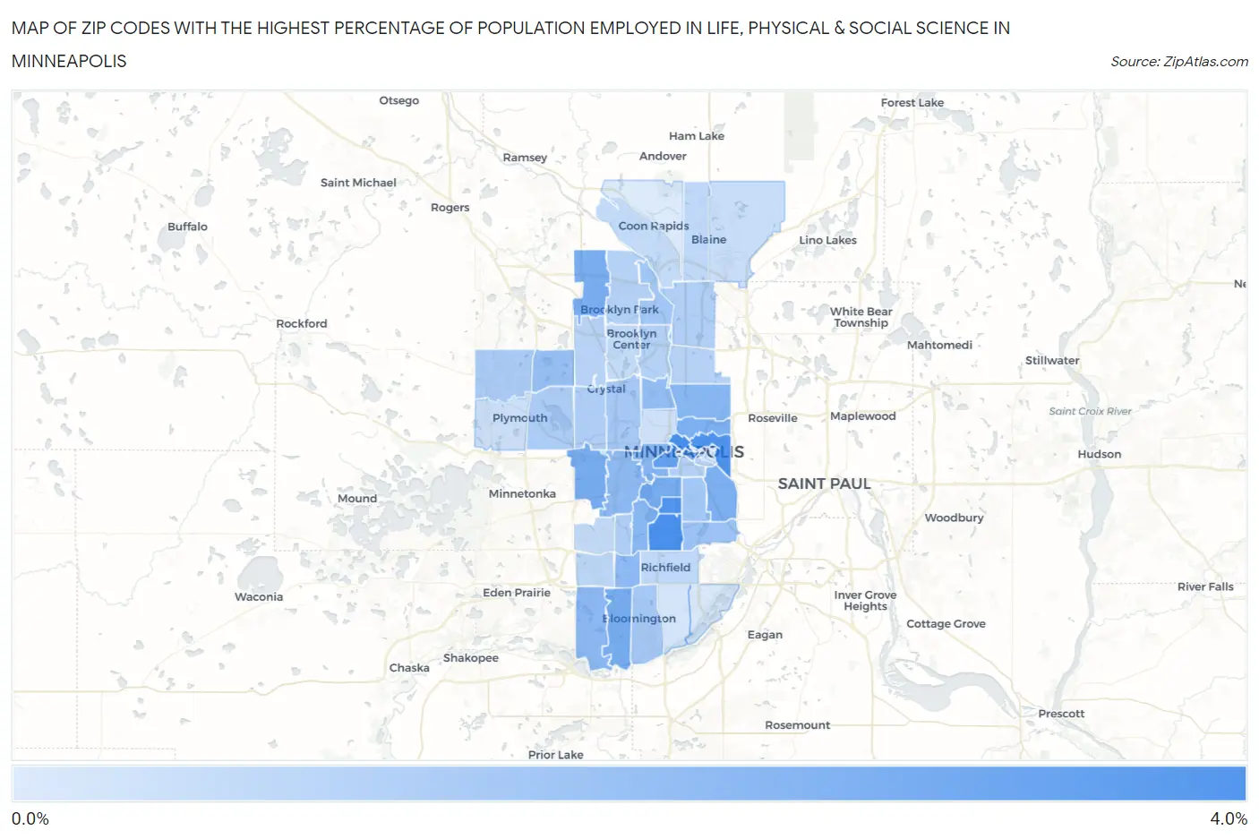 Zip Codes with the Highest Percentage of Population Employed in Life, Physical & Social Science in Minneapolis Map