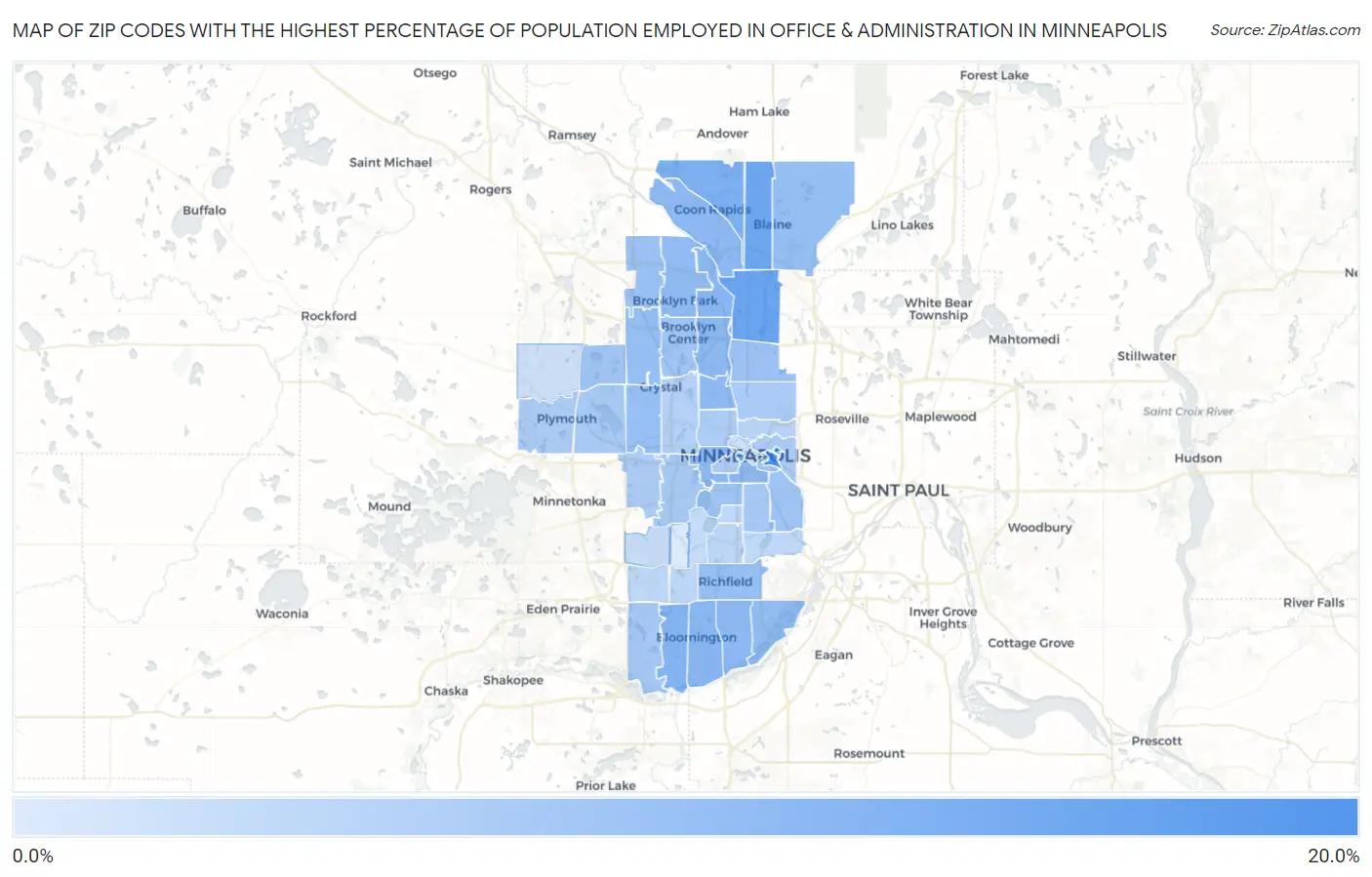 Zip Codes with the Highest Percentage of Population Employed in Office & Administration in Minneapolis Map