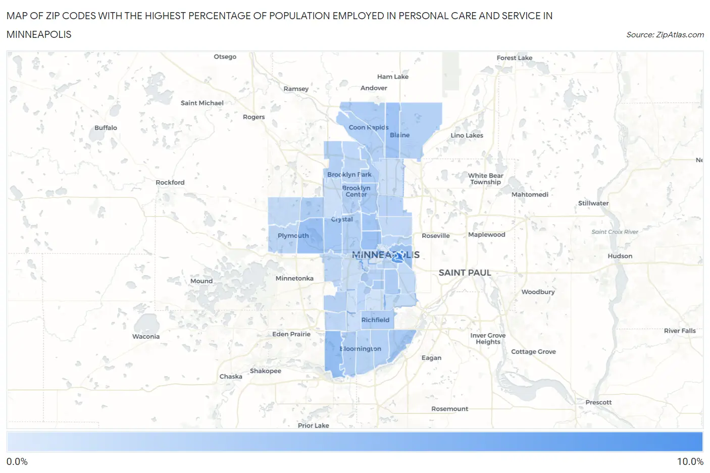 Zip Codes with the Highest Percentage of Population Employed in Personal Care and Service in Minneapolis Map