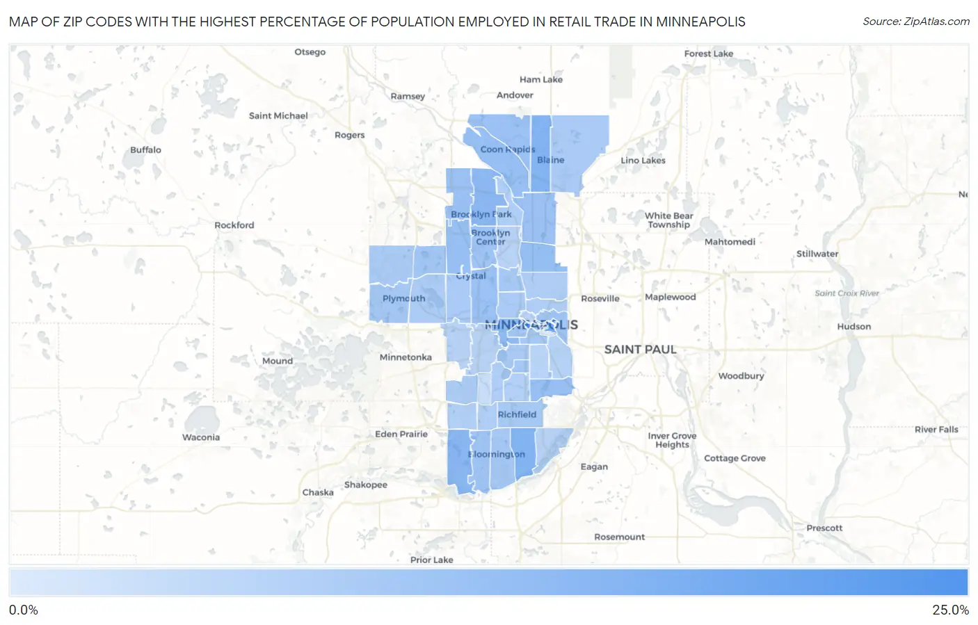 Zip Codes with the Highest Percentage of Population Employed in Retail Trade in Minneapolis Map