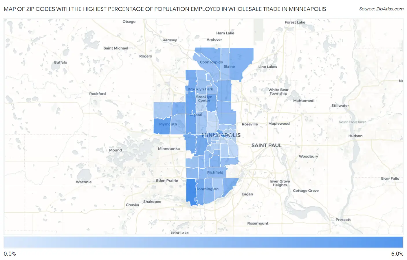 Zip Codes with the Highest Percentage of Population Employed in Wholesale Trade in Minneapolis Map