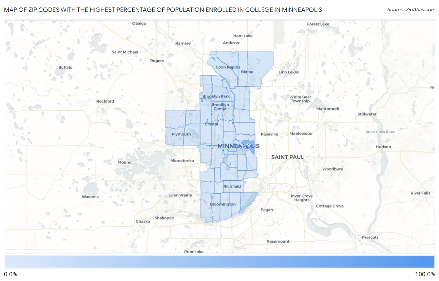 Zip Codes with the Highest Percentage of Population Enrolled in College in Minneapolis Map