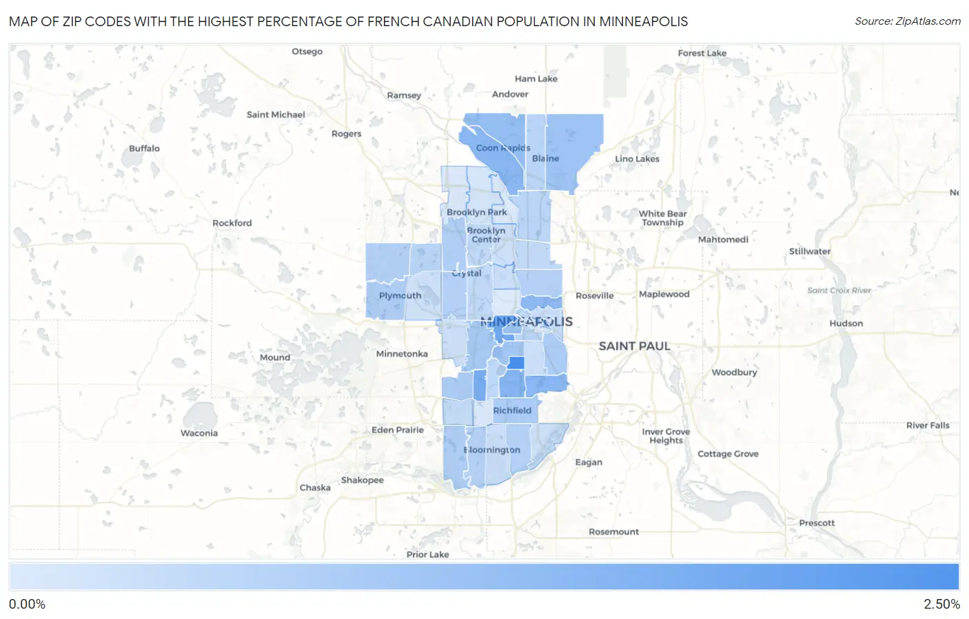 Zip Codes with the Highest Percentage of French Canadian Population in Minneapolis Map