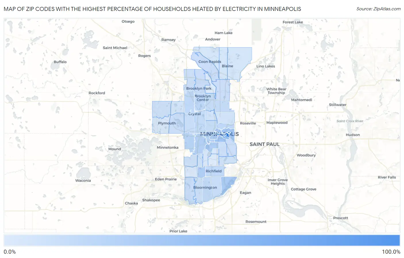 Zip Codes with the Highest Percentage of Households Heated by Electricity in Minneapolis Map