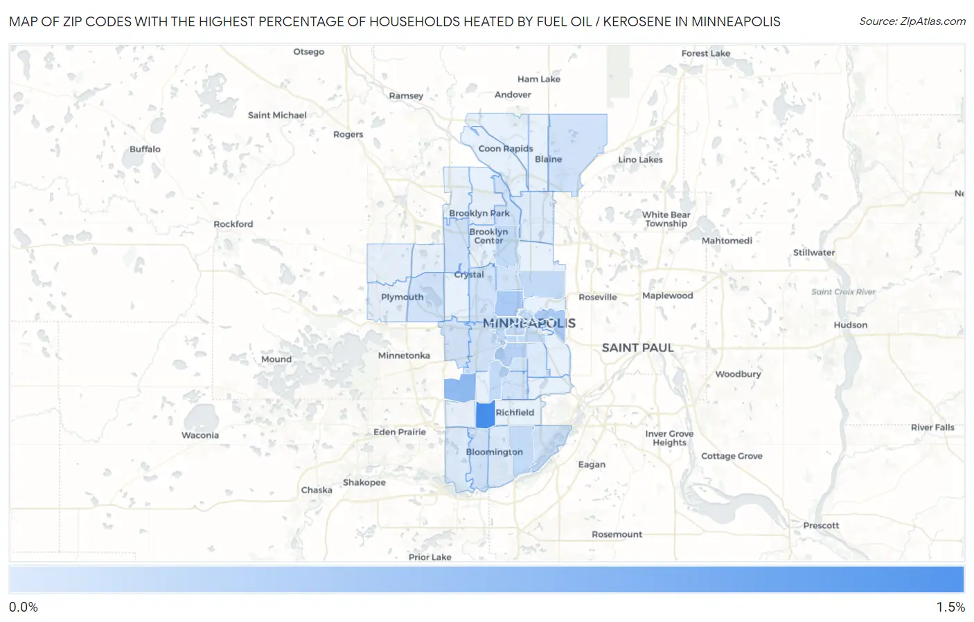 Zip Codes with the Highest Percentage of Households Heated by Fuel Oil / Kerosene in Minneapolis Map