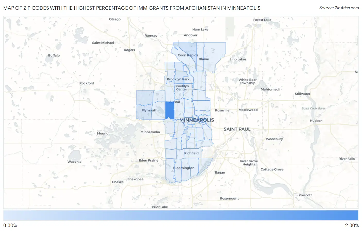 Zip Codes with the Highest Percentage of Immigrants from Afghanistan in Minneapolis Map