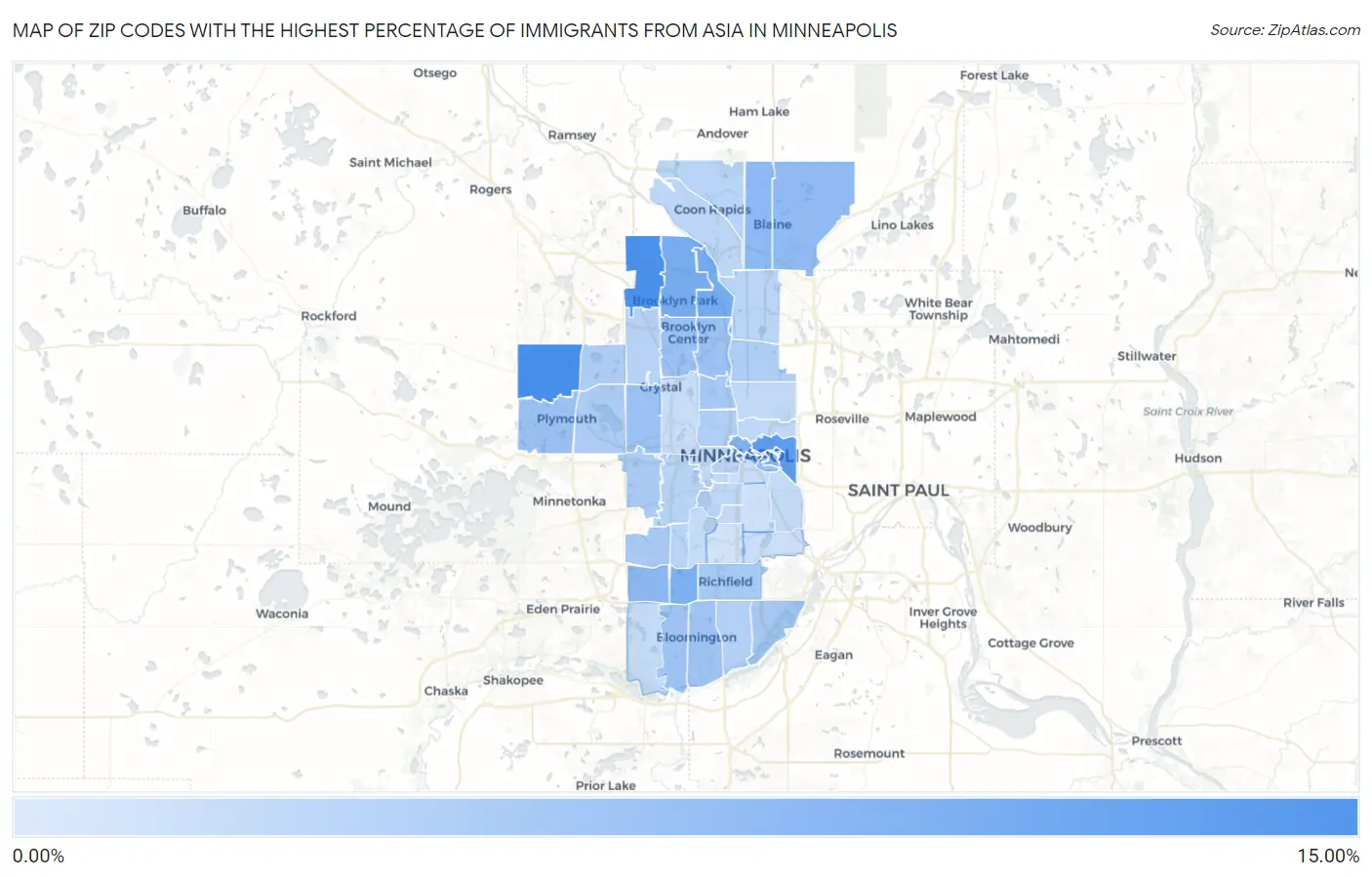 Zip Codes with the Highest Percentage of Immigrants from Asia in Minneapolis Map
