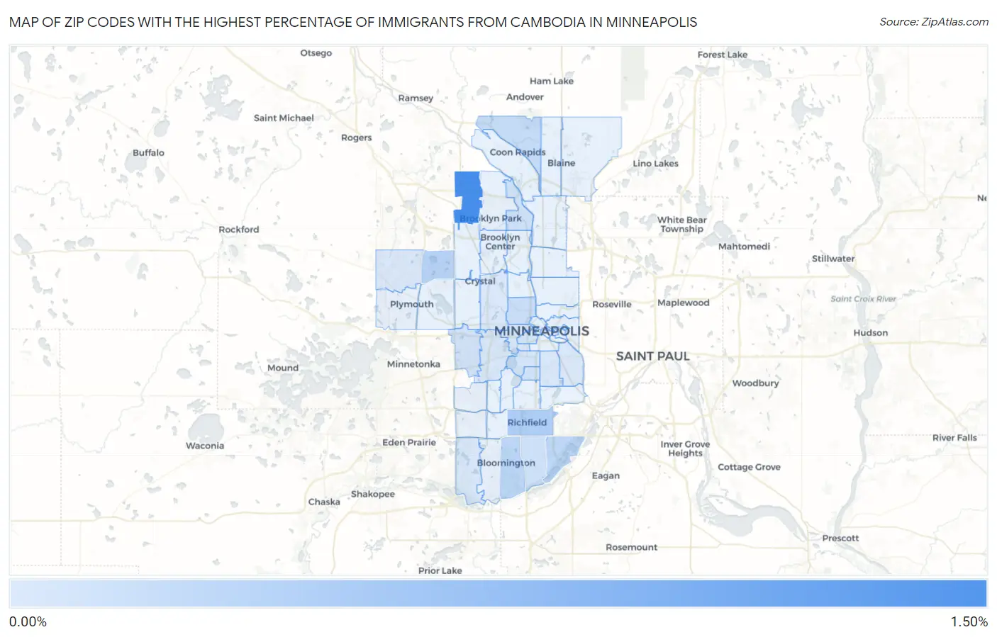 Zip Codes with the Highest Percentage of Immigrants from Cambodia in Minneapolis Map