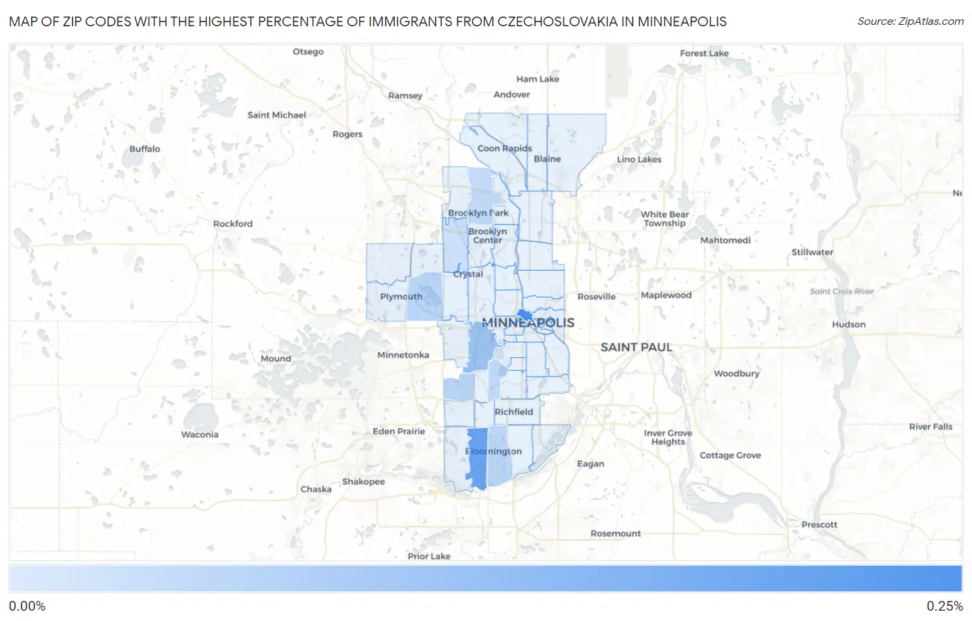 Zip Codes with the Highest Percentage of Immigrants from Czechoslovakia in Minneapolis Map