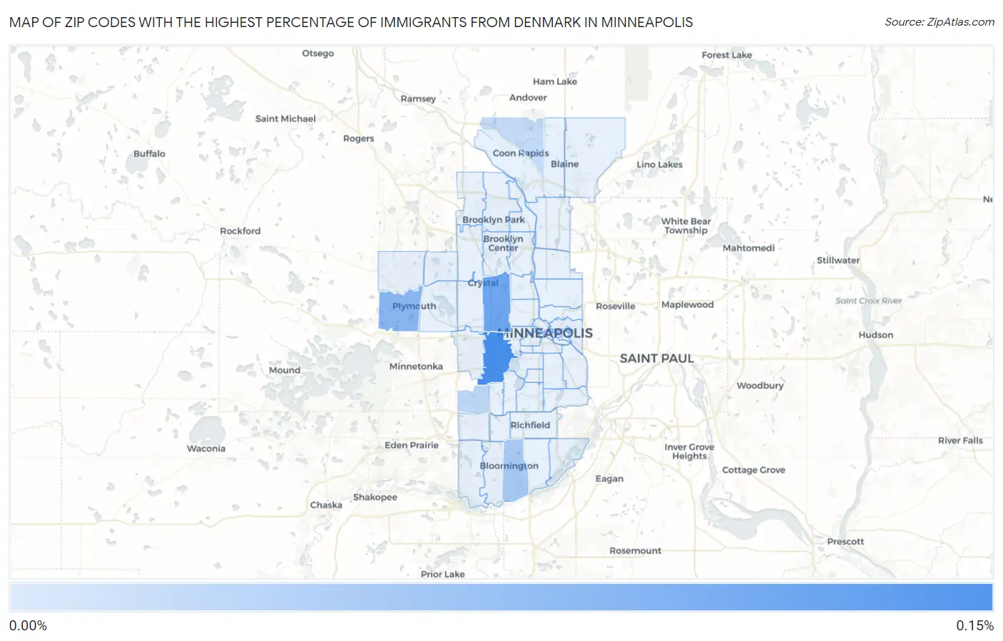 Zip Codes with the Highest Percentage of Immigrants from Denmark in Minneapolis Map