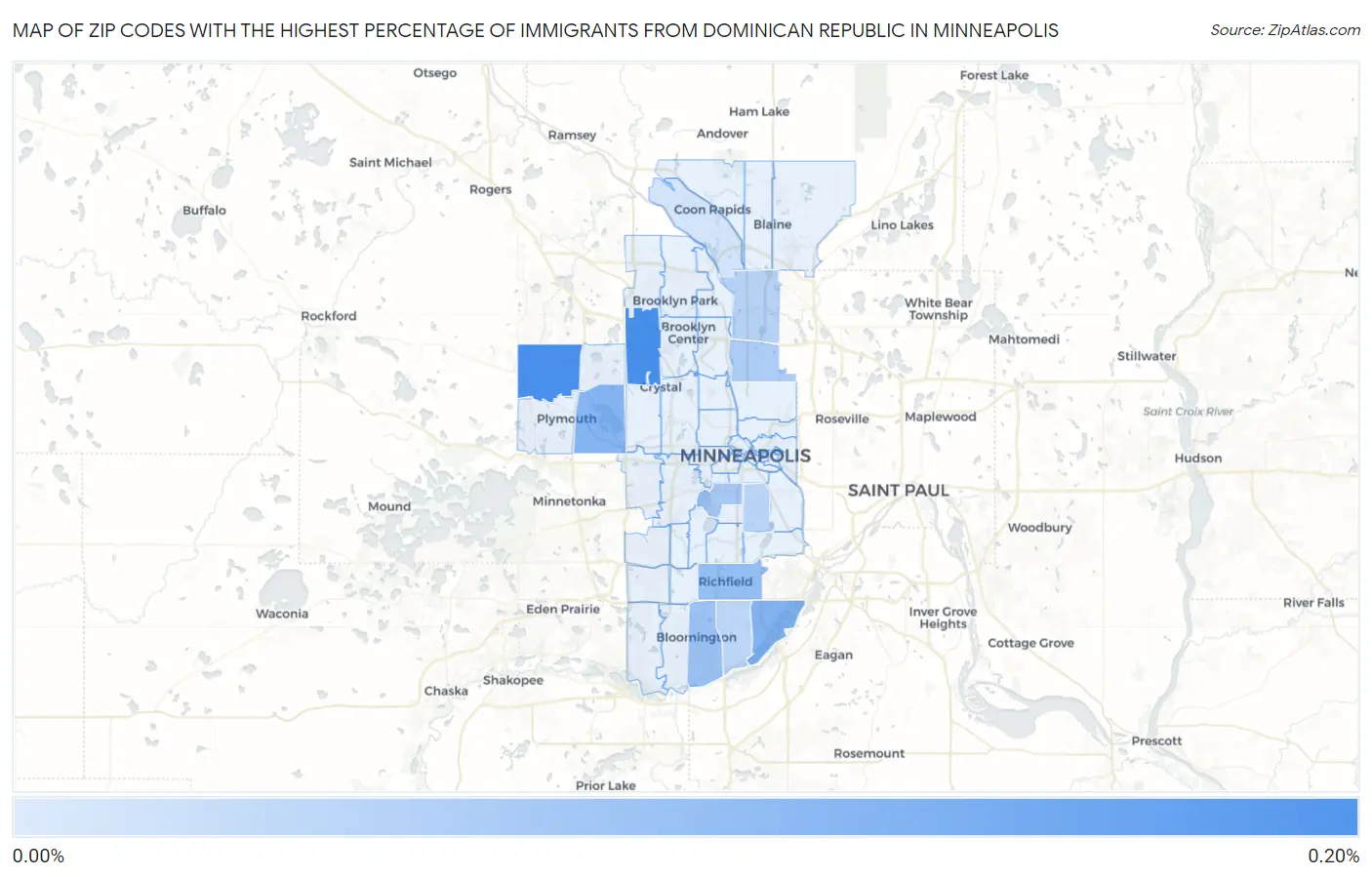 Zip Codes with the Highest Percentage of Immigrants from Dominican Republic in Minneapolis Map
