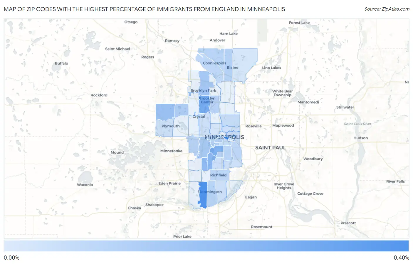 Zip Codes with the Highest Percentage of Immigrants from England in Minneapolis Map