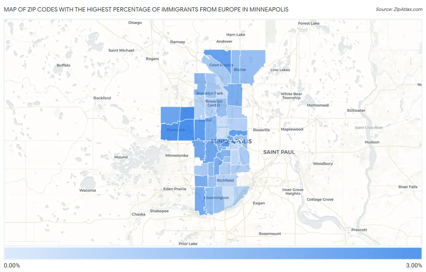 Zip Codes with the Highest Percentage of Immigrants from Europe in Minneapolis Map