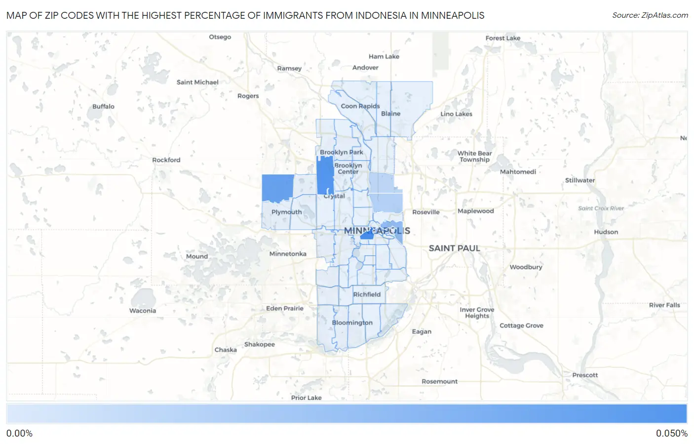 Zip Codes with the Highest Percentage of Immigrants from Indonesia in Minneapolis Map