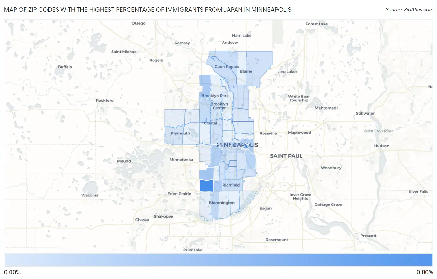 Zip Codes with the Highest Percentage of Immigrants from Japan in Minneapolis Map
