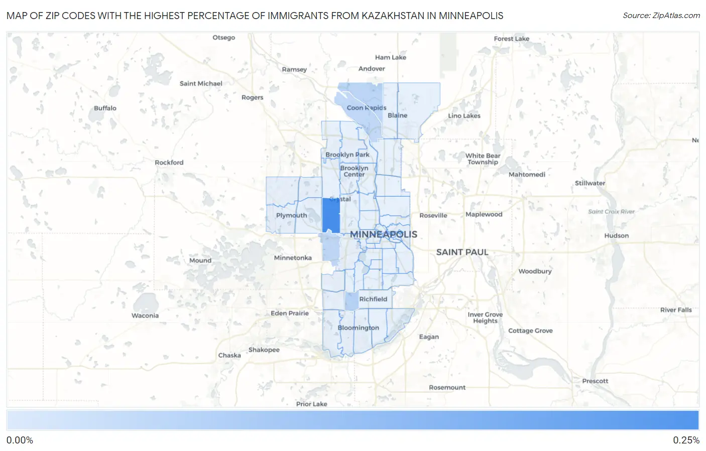 Zip Codes with the Highest Percentage of Immigrants from Kazakhstan in Minneapolis Map