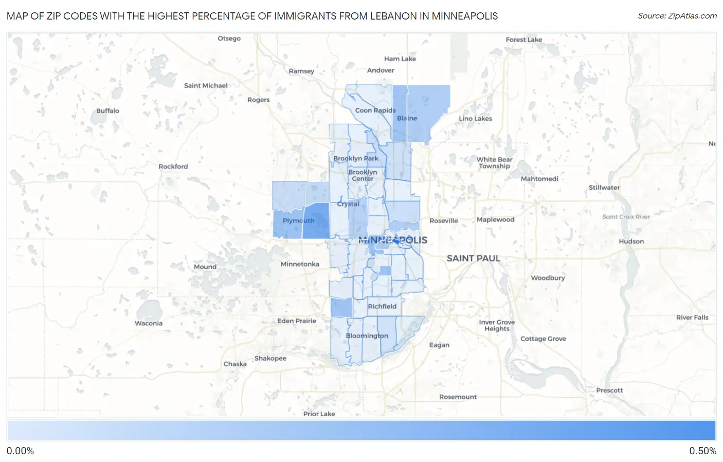 Zip Codes with the Highest Percentage of Immigrants from Lebanon in Minneapolis Map