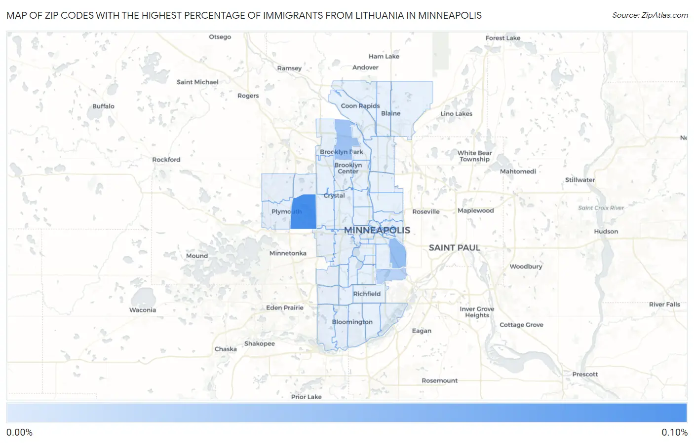 Zip Codes with the Highest Percentage of Immigrants from Lithuania in Minneapolis Map