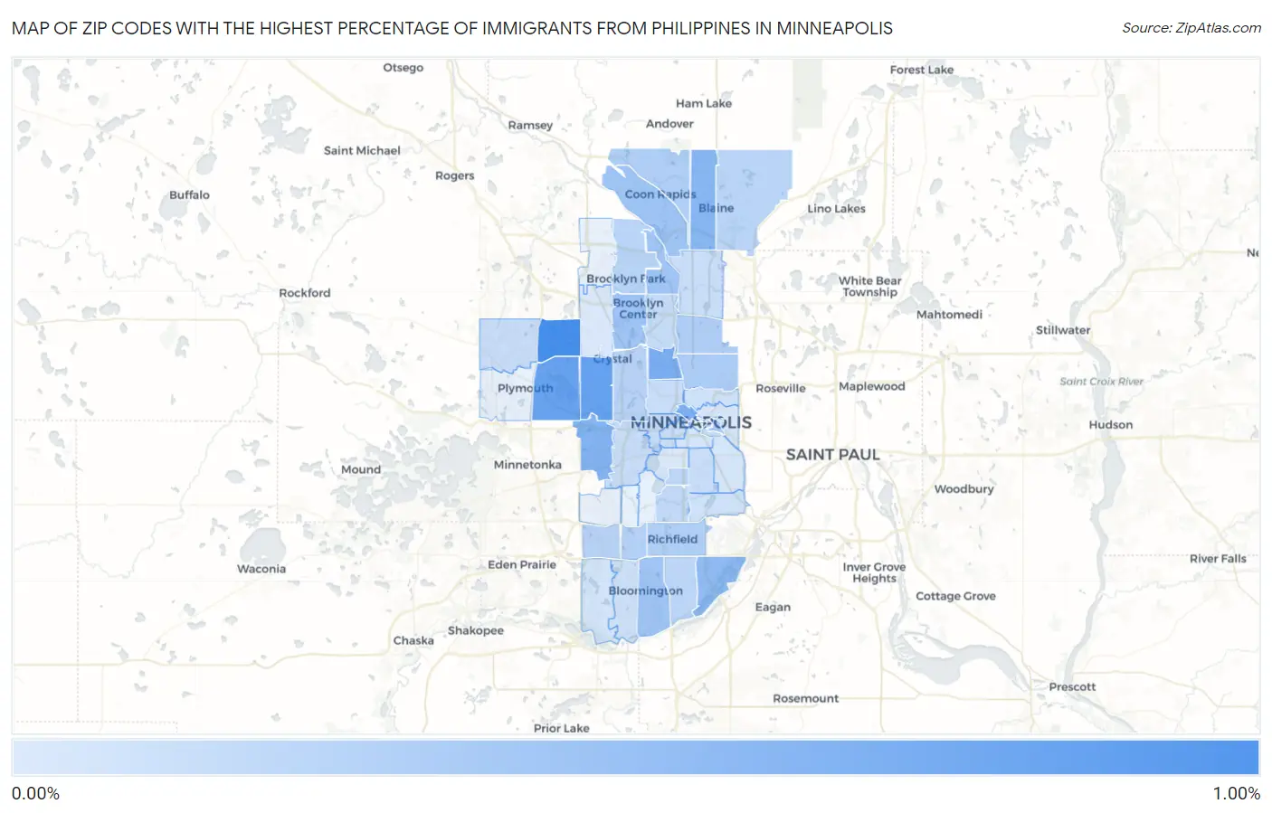 Zip Codes with the Highest Percentage of Immigrants from Philippines in Minneapolis Map