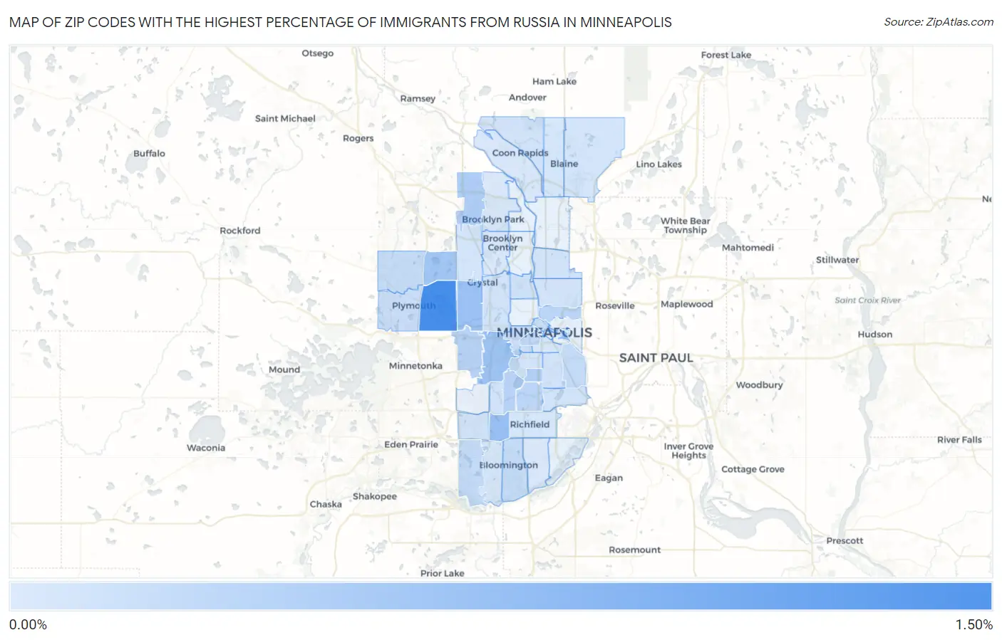 Zip Codes with the Highest Percentage of Immigrants from Russia in Minneapolis Map