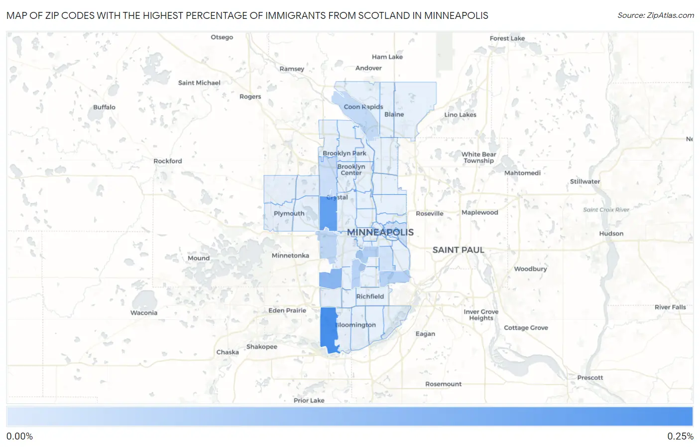 Zip Codes with the Highest Percentage of Immigrants from Scotland in Minneapolis Map
