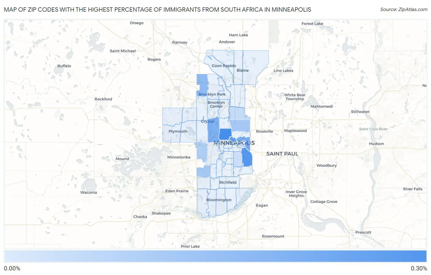 Zip Codes with the Highest Percentage of Immigrants from South Africa in Minneapolis Map