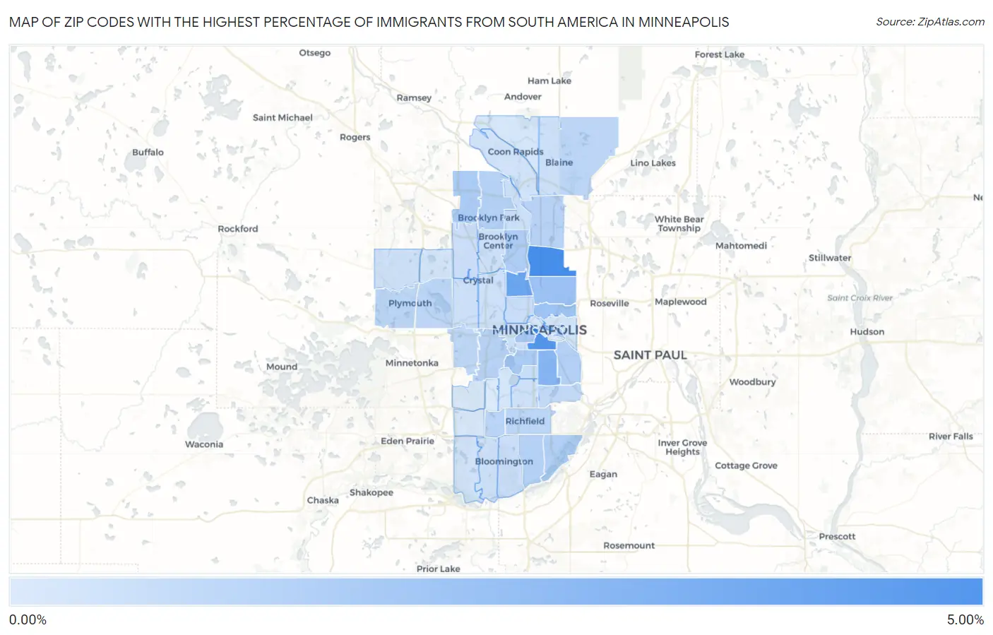 Zip Codes with the Highest Percentage of Immigrants from South America in Minneapolis Map