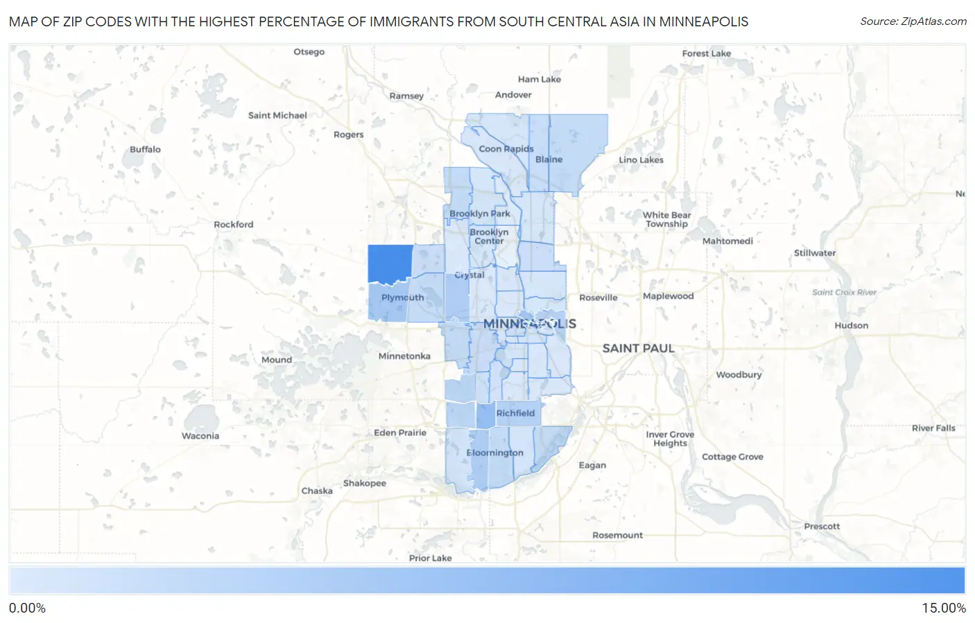 Zip Codes with the Highest Percentage of Immigrants from South Central Asia in Minneapolis Map