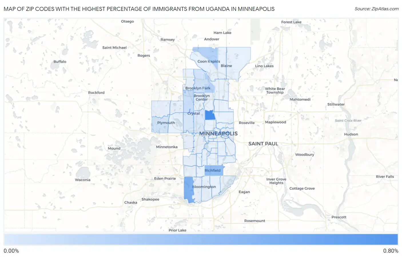 Zip Codes with the Highest Percentage of Immigrants from Uganda in Minneapolis Map