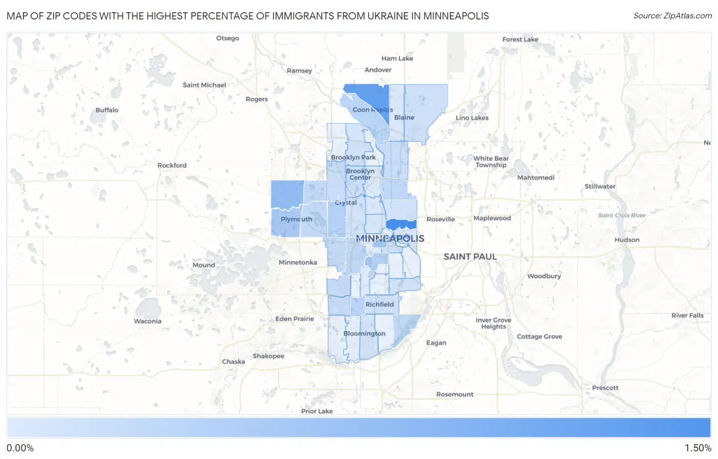Zip Codes with the Highest Percentage of Immigrants from Ukraine in Minneapolis Map