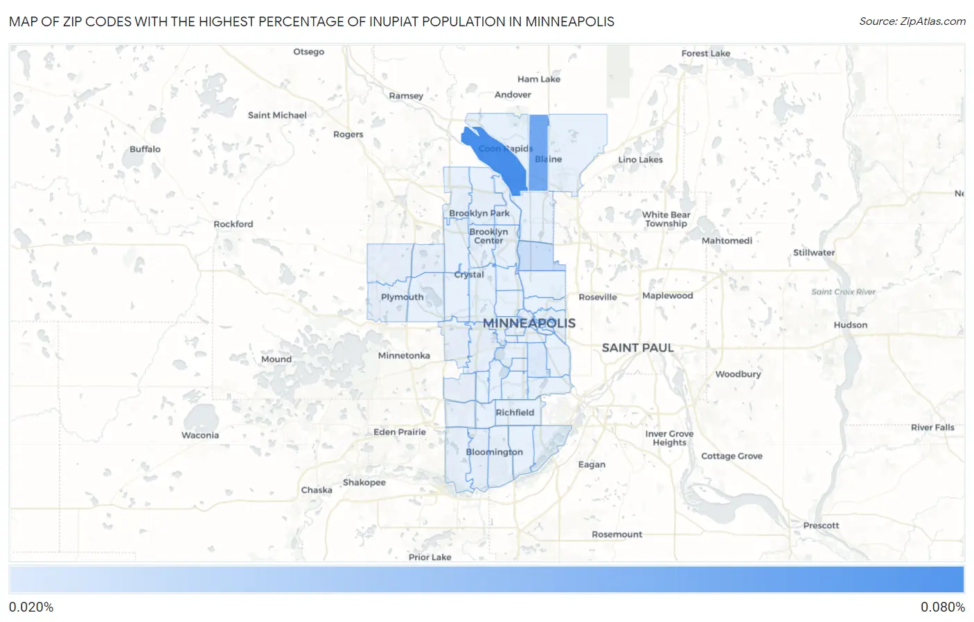 Zip Codes with the Highest Percentage of Inupiat Population in Minneapolis Map
