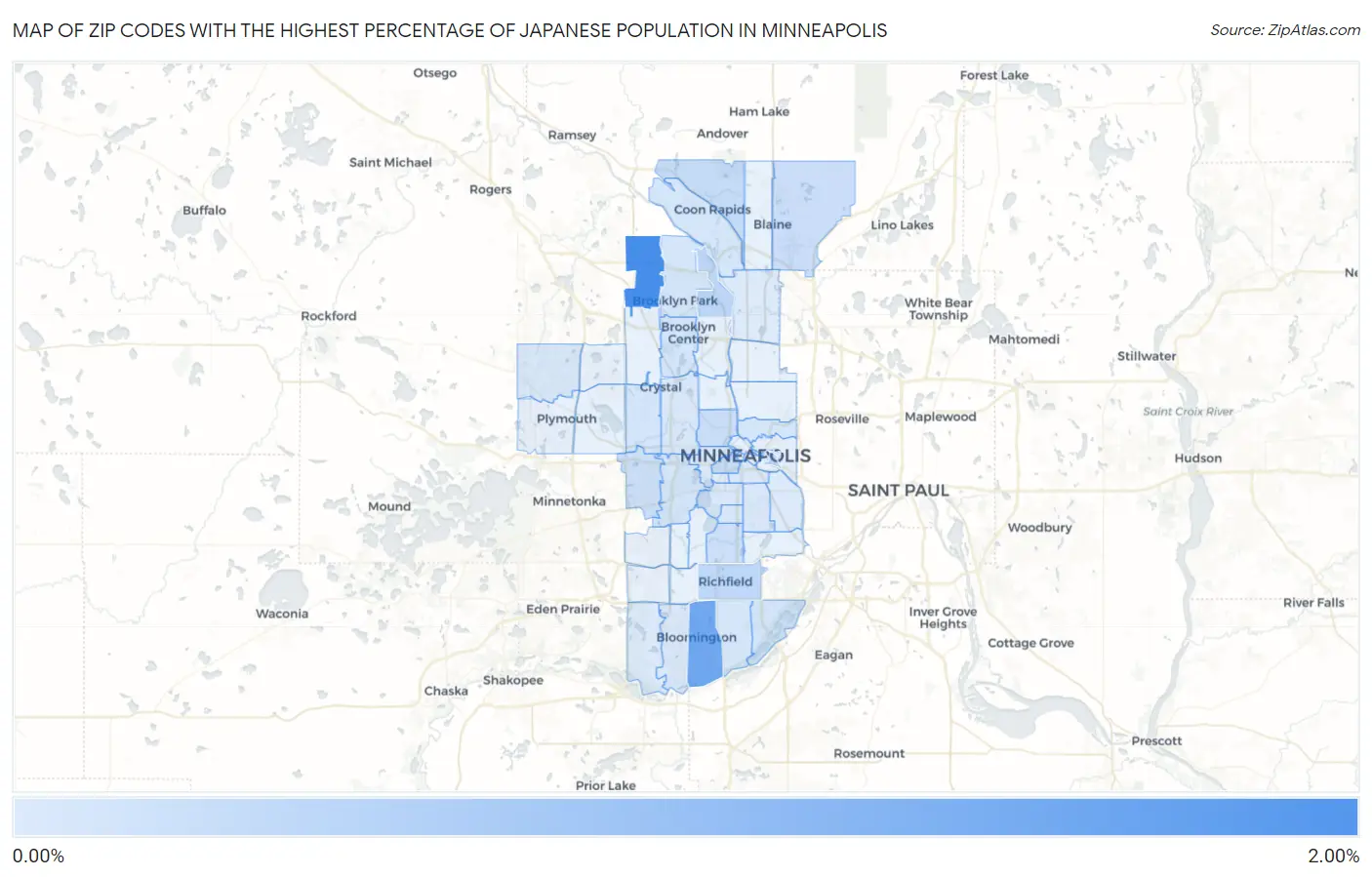 Zip Codes with the Highest Percentage of Japanese Population in Minneapolis Map